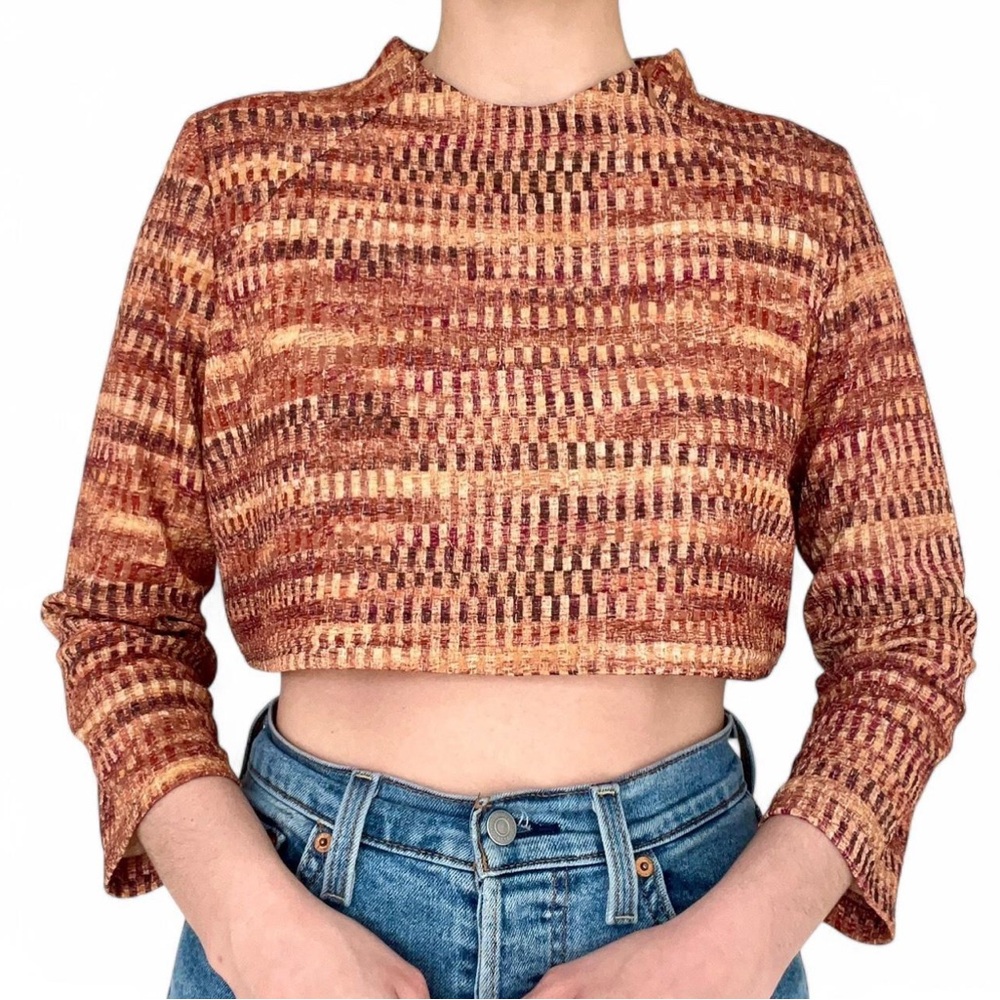 Retro Burnt Orange Geometric Print Mock Neck Crop Top Earth Toned